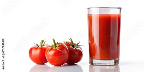 Fresh red tomato juice in a glass isolated on white background