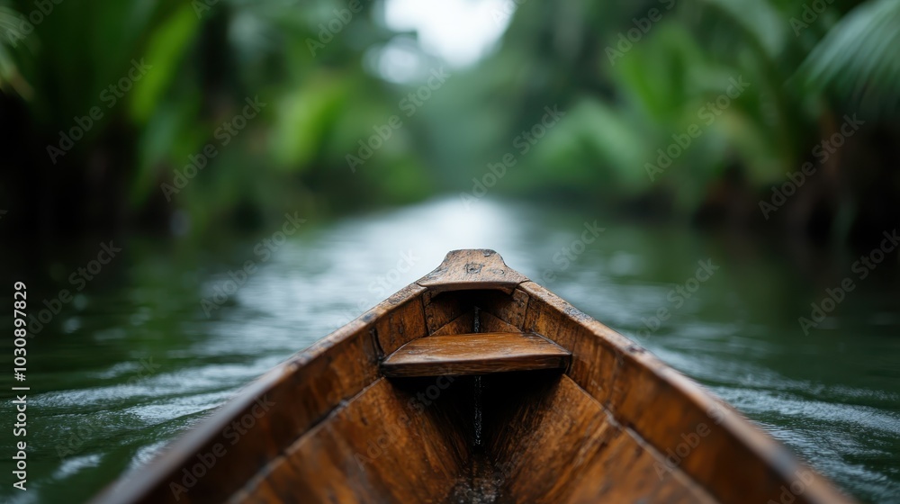 Close-up perspective from the bow of a wooden canoe navigating serene green channels under a thick canopy, creating a mysterious and immersive jungle experience. Close-up perspective from the bow of a wooden canoe navigating serene green channels under a thick canopy, creating a mysterious and immersive jungle experience.
