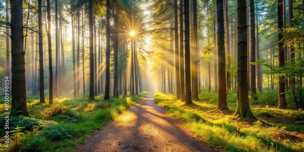 Fototapeta premium Beautiful morning in forest with sunlight filtering through trees on path