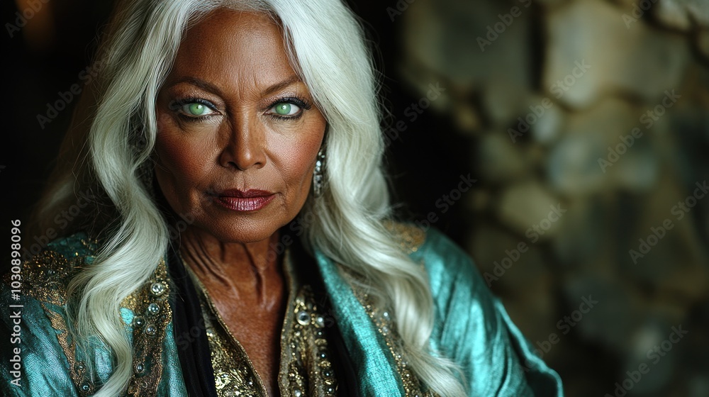 A majestic woman with silver hair gazes intently in her colorful outfit A majestic woman with silver hair gazes intently in her colorful outfit