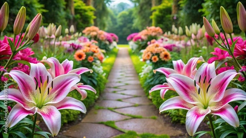 Beautiful pink and white lilies in a symmetrical garden arrangement photo