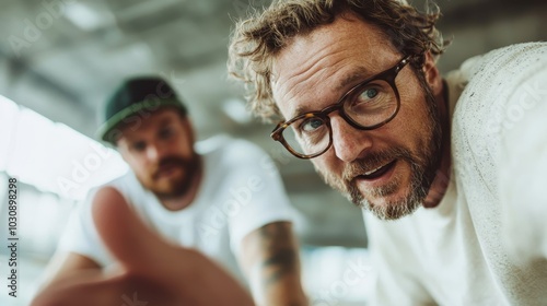 A man wearing glasses and a light sweater smiles while looking into the camera, with another person in the background in a blurred setting, creating a friendly atmosphere.