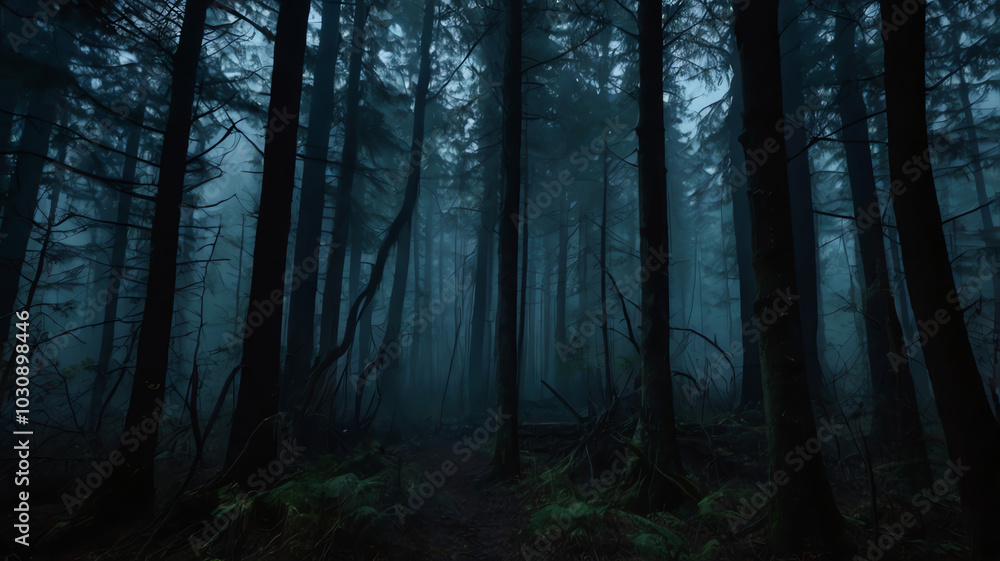 Obraz premium A dark, eerie forest at night, shrouded in thick fog, with towering trees looming overhead, creating a chilling and frightening atmosphere