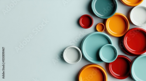 An artistic abstract composition showcasing an overhead view of assorted colored round plates arranged on a pastel backdrop, creating an eye-catching visual display.