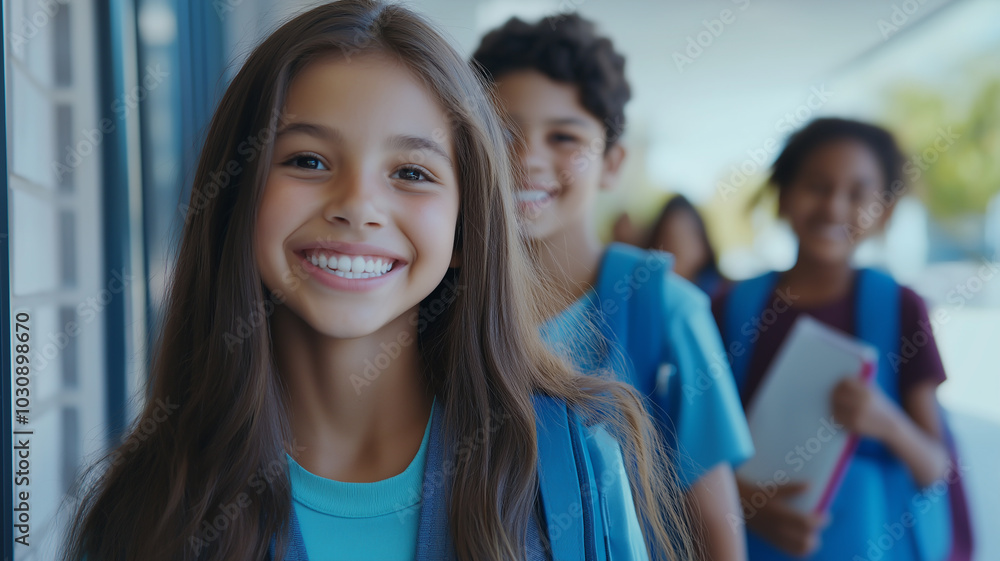 Fototapeta premium Back to School. The excitement of children and teens heading back to school with backpacks, notebooks, and bright smiles