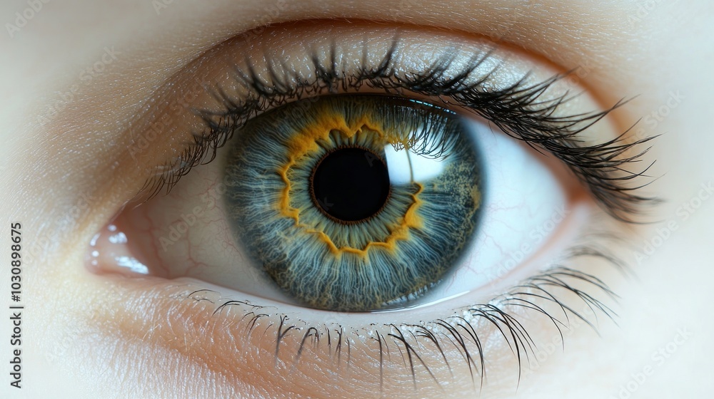 The striking colorful patterns in a child's eye captivate in the soft daylight The striking colorful patterns in a child's eye captivate in the soft daylight