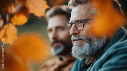 Two men, one elderly and bespectacled, sit outdoors surrounded by orange autumn leaves, each contemplating something beyond the frame. photo