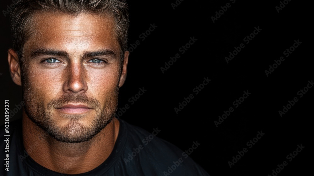 A captivating close-up of a man with striking features and a confident expression A captivating close-up of a man with striking features and a confident expression