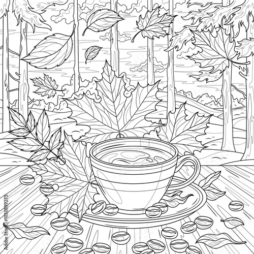 A cup of coffee on the table and coffee beans in the autumn forest.Coloring book antistress for children and adults.