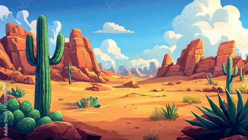 Desert and Cactus in Wild West Cartoon Background Illustration Featuring Arid Landscape Iconic Cacti Vibrant Colors and Western Atmosphere