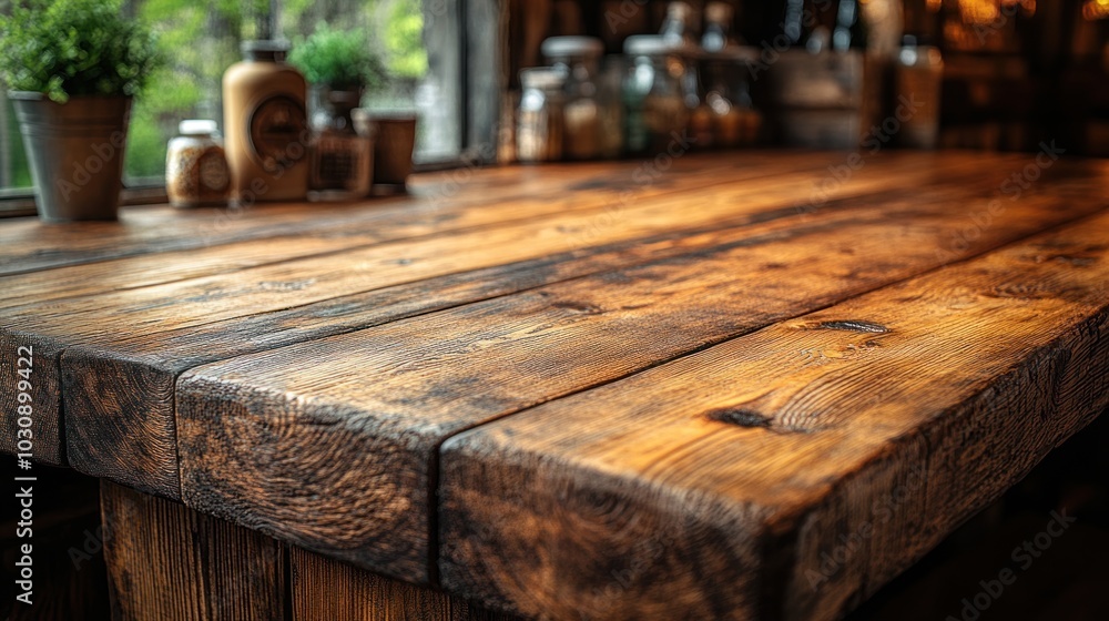 Rustic wooden table showcases natural beauty with greenery enhancing the warm atmosphere
