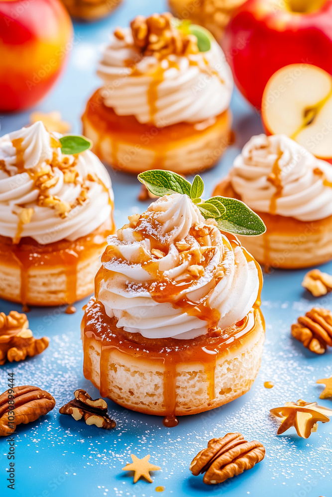 Scrumptious petite cinnamon pastries are beautifully decorated with whipped cream, drizzled caramel, and sprinkled nuts, set against a vibrant background Scrumptious petite cinnamon pastries are beautifully decorated with whipped cream, drizzled caramel, and sprinkled nuts, set against a vibrant background