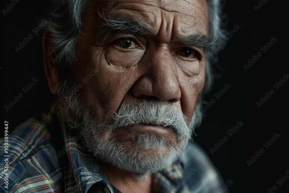 Portrait of Extremely Sulking Latino Senior man with grey hair, beard and mustaches over isolated black background, skeptic and nervous, frowning upset because of problem. negative emotions Portrait of Extremely Sulking Latino Senior man with grey hair, beard and mustaches over isolated black background, skeptic and nervous, frowning upset because of problem. negative emotions