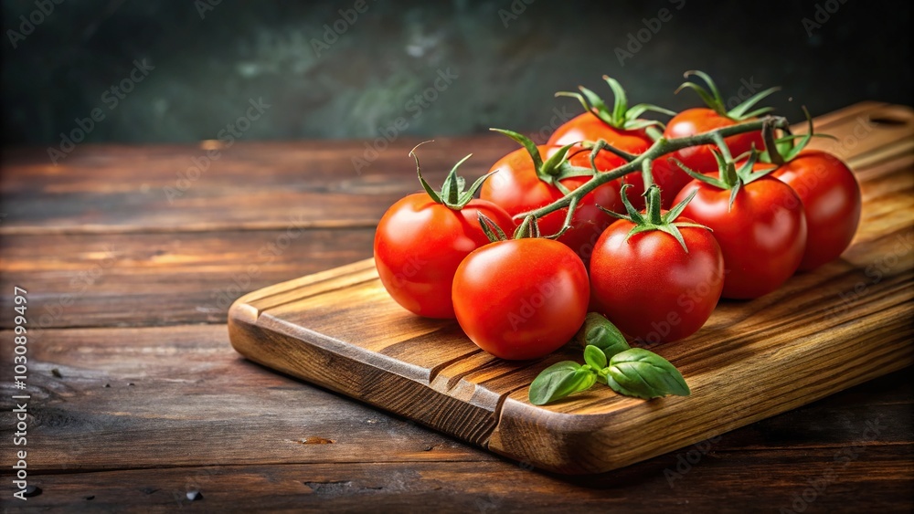 Fresh tomatoes on vine on chopping board, simple recipe idea, wide-angle shot Fresh tomatoes on vine on chopping board, simple recipe idea, wide-angle shot
