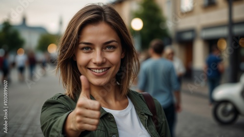 A young beautiful woman europan showing a thumbs - up sign.