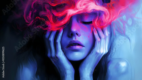 A surreal portrait of a woman with colorful, flowing hair.