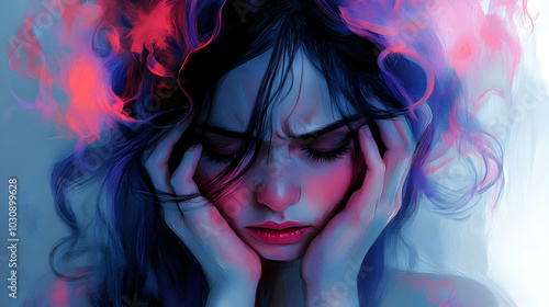 A woman expressing emotional turmoil with colorful, abstract elements.