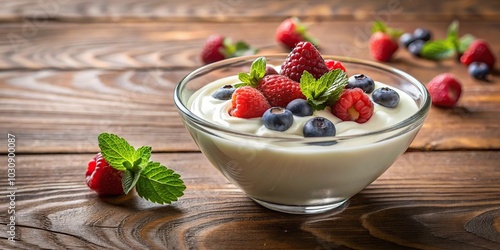 Fresh yogurt with berries in glass bowl on wooden table, low angle view