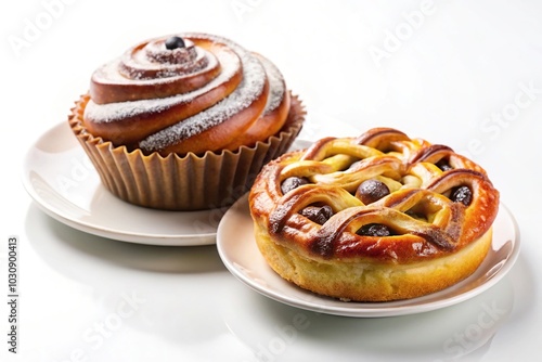 Freshly baked chocolate bun and apple pie on white plate sweet dessert pastries isolated on white background high angle