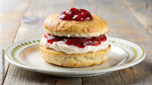 freshly baked scone with cream and jam on plate photo