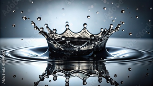 Close up shot of a water droplet creating a black crown pattern when splashing photo