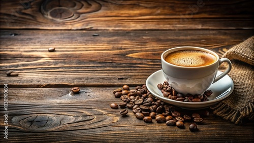Freshly brewed coffee on a rustic wooden table at eye level