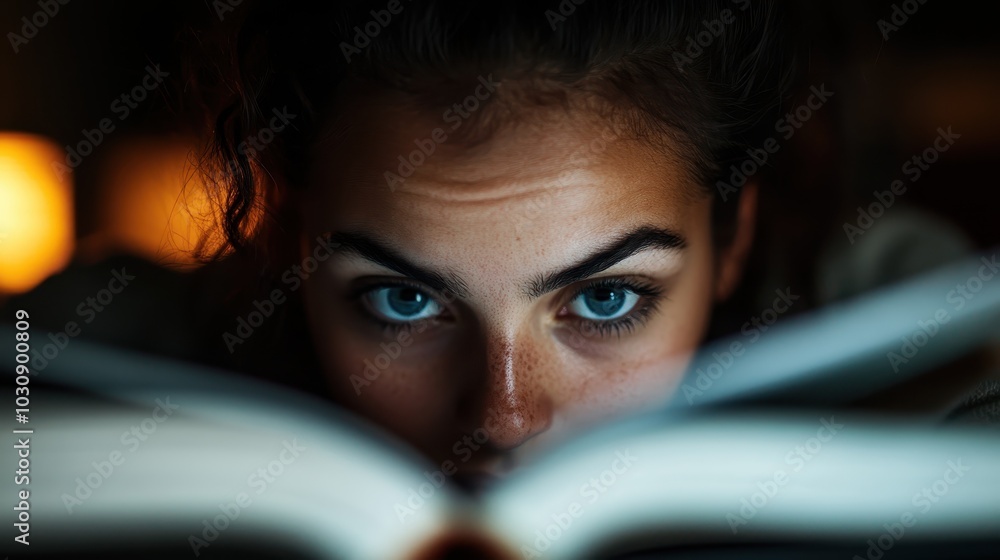 A captivating closeup of a woman with striking blue eyes immersed in reading a book, conveying deep focus and curiosity in her facial expression and posture. A captivating closeup of a woman with striking blue eyes immersed in reading a book, conveying deep focus and curiosity in her facial expression and posture.