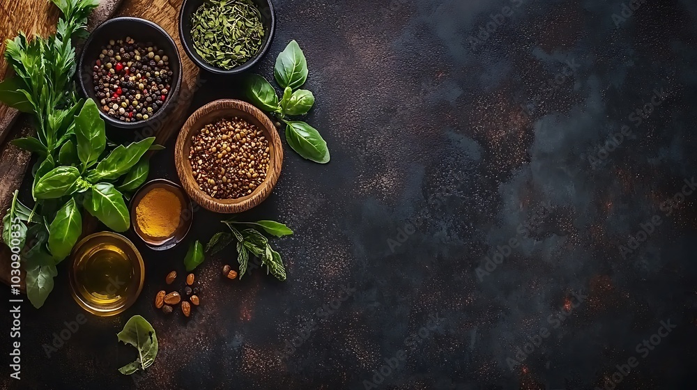 A rustic table top with various herbs and spices, including basil, peppercorns, chili flakes, and olive oil. A rustic table top with various herbs and spices, including basil, peppercorns, chili flakes, and olive oil.
