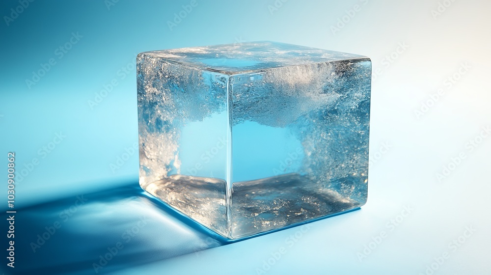 Single ice cube on a blue surface, reflecting light and shadow, symbolizing purity and clarity, perfect for summer and refreshment concepts Single ice cube on a blue surface, reflecting light and shadow, symbolizing purity and clarity, perfect for summer and refreshment concepts