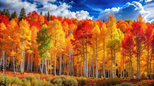 Bright color autumn aspen trees in painting style wide-angle view