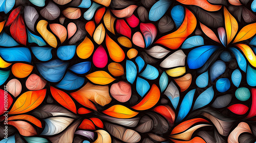 Vibrant abstract floral pattern featuring colorful leaves and petals in shades of blue, orange, red, and pink, creating lively and dynamic visual experience