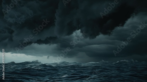 Dark, stormy clouds over a choppy sea with rain falling