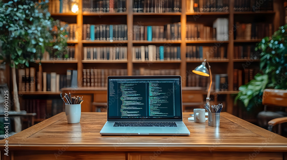 A laptop displaying code on a desk surrounded by bookshelves. A laptop displaying code on a desk surrounded by bookshelves.