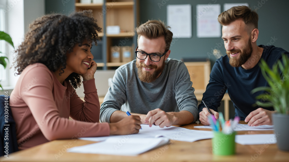 Diverse team collaborating on project in modern office: Inclusive workplace environment for corporate branding Diverse team collaborating on project in modern office: Inclusive workplace environment for corporate branding