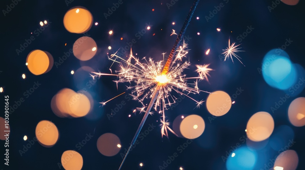 Fototapeta premium Silvester, New Year 2025 Party, Sparklers and bokeh lights on dark blue night sky