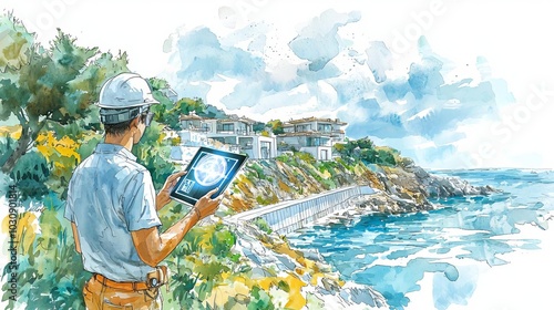 Coastal Engineer Coastal landscape with futuristic seawall designs, engineer holding a tablet projecting digital holograms, watercolor, high-detail photo