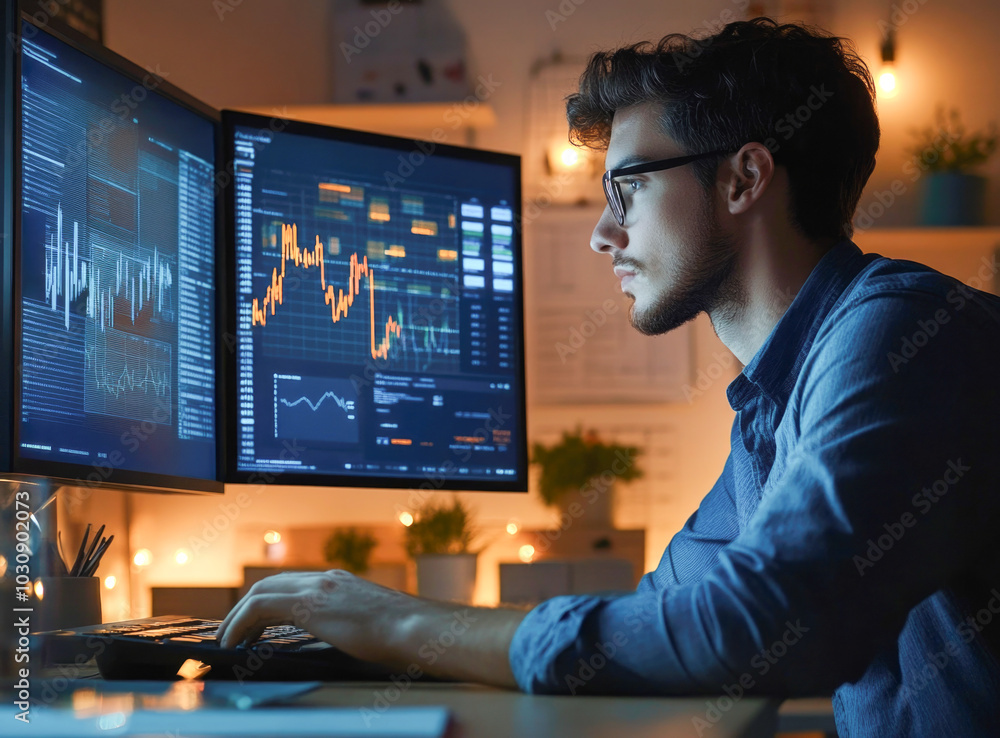 Focused young man analyzing financial data on dual monitors in modern office Focused young man analyzing financial data on dual monitors in modern office