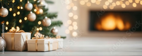 A cozy living room with Christmas gifts wrapped under the tree