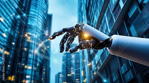 Hands of robot hold smart building network connection  energy management  security systems  and building automation technology photo