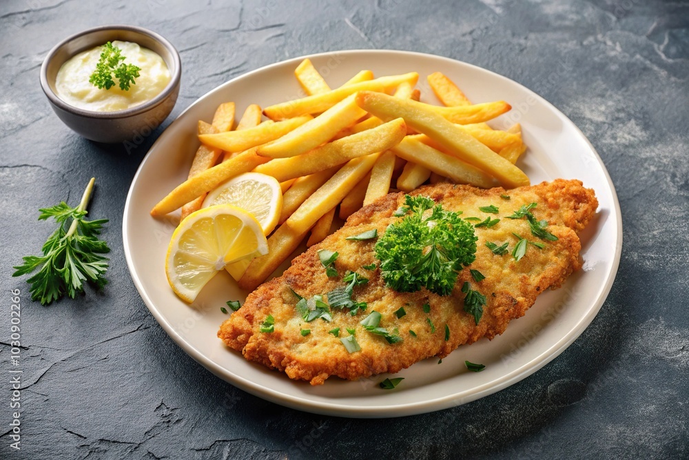 Fried fish fillet with herbs and fries on white plate Fried fish fillet with herbs and fries on white plate