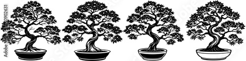 line art vector illustration collection of bonsai tree with wood cutting style. isolate on a white background. SVG and PNG
