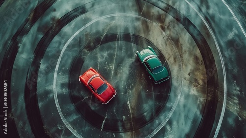 Vintage cars drifting on ground aerial view image. Retro automobiles extreme racing photography scene wallpaper. Sports vehicles driving challenge concept photorealistic photo photo