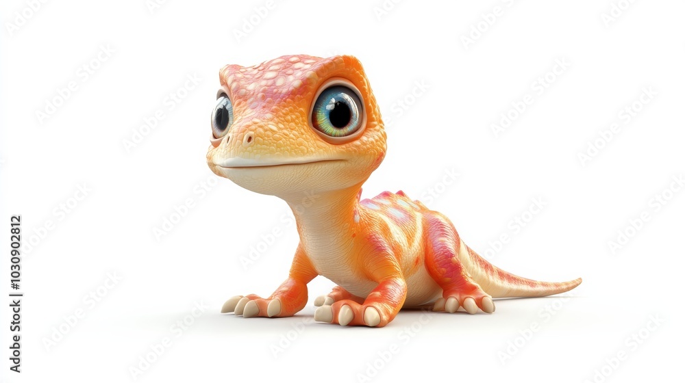 Obraz premium Charming gecko character in shades of orange and yellow, with big eyes and a curious expression, playfully smiling against a white background, adding a lighthearted touch to any design
