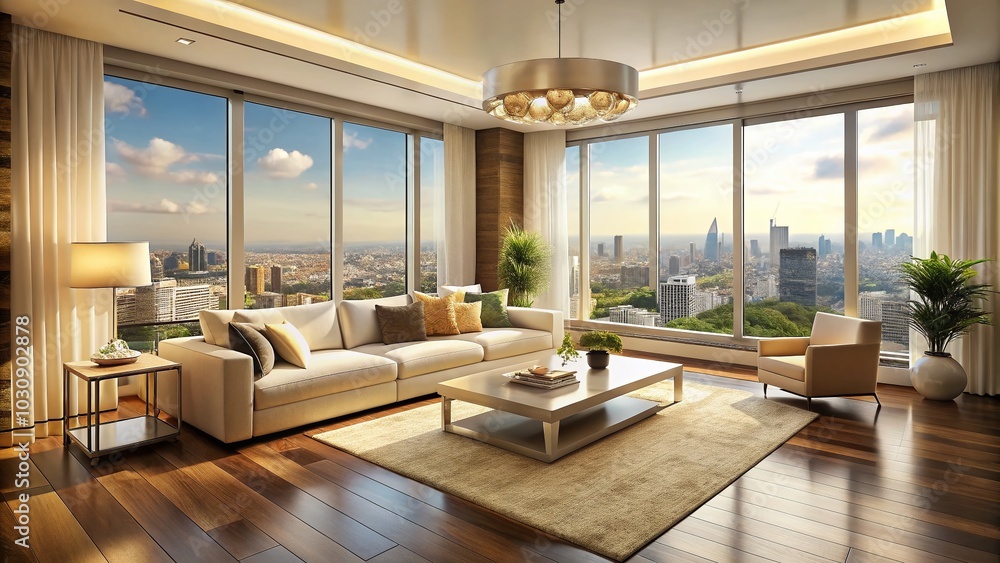 Spacious Living Room with Panoramic City View - Modern Interior Design Spacious Living Room with Panoramic City View - Modern Interior Design