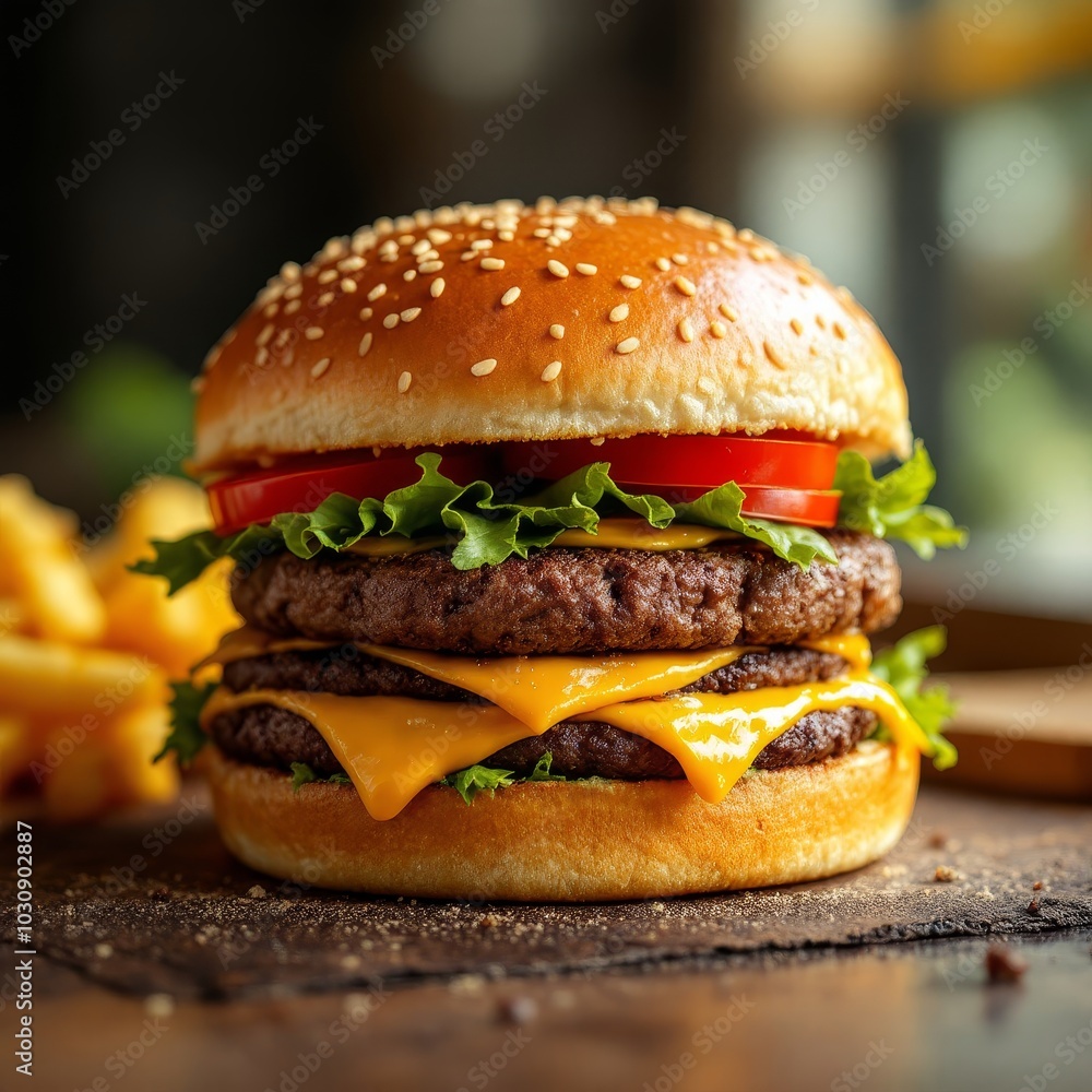 Delicious double cheeseburger with fresh lettuce, tomato, and melted cheese served with crispy fries on a rustic table Delicious double cheeseburger with fresh lettuce, tomato, and melted cheese served with crispy fries on a rustic table