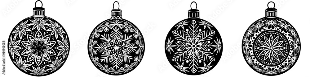 Obraz premium line art vector illustration collection of christmas ornament with wood cutting style. isolate on a white background. SVG and PNG 