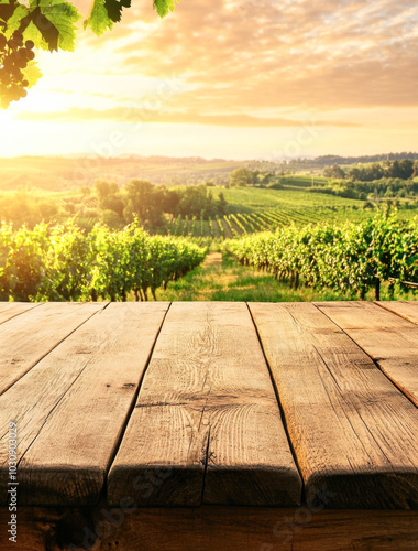 Rustic vineyard scene with sunlit grapevines and wooden table photo