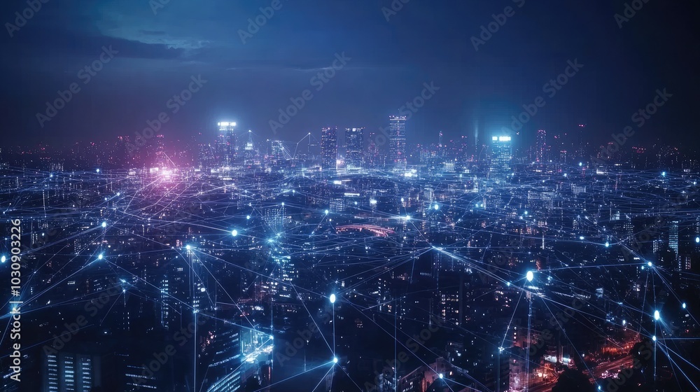 Fototapeta premium Smart city digital transformation development concept. Band lights over modern urban cityscape at night. New fast internet communication 5G technology.