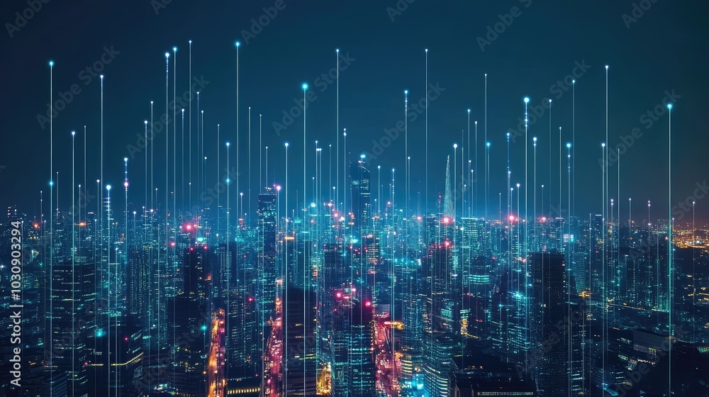 Smart city digital transformation development concept. Band lights over modern urban cityscape at night. New fast internet communication 5G technology. Smart city digital transformation development concept. Band lights over modern urban cityscape at night. New fast internet communication 5G technology.
