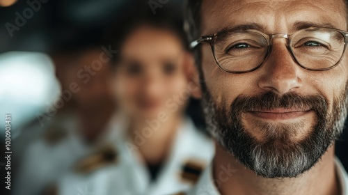 A male pilot with a hearty smile and glasses in focus, while the cockpit is subtly blurred, representing leadership, confidence, and glossy professionalism.